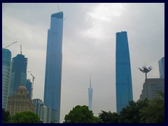 The 3 tallest structures of Guangzhou: Chow Tai Fook Centre (530m, u/c), Canton Tower (600m) and IFC (438m).